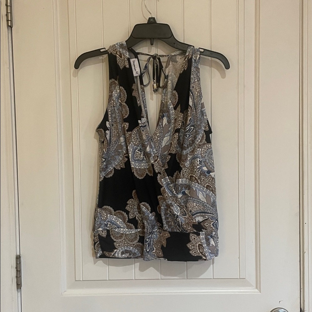 Veronica M Black and Tan Paisley sleeveless Blouse V in front and back large - Picture 3 of 5